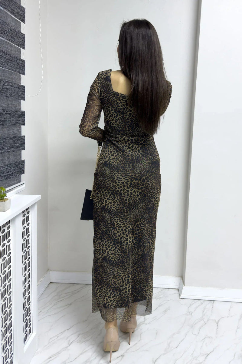 Women's Brown Square Neck Stretch Leopard Print Tulle Dress