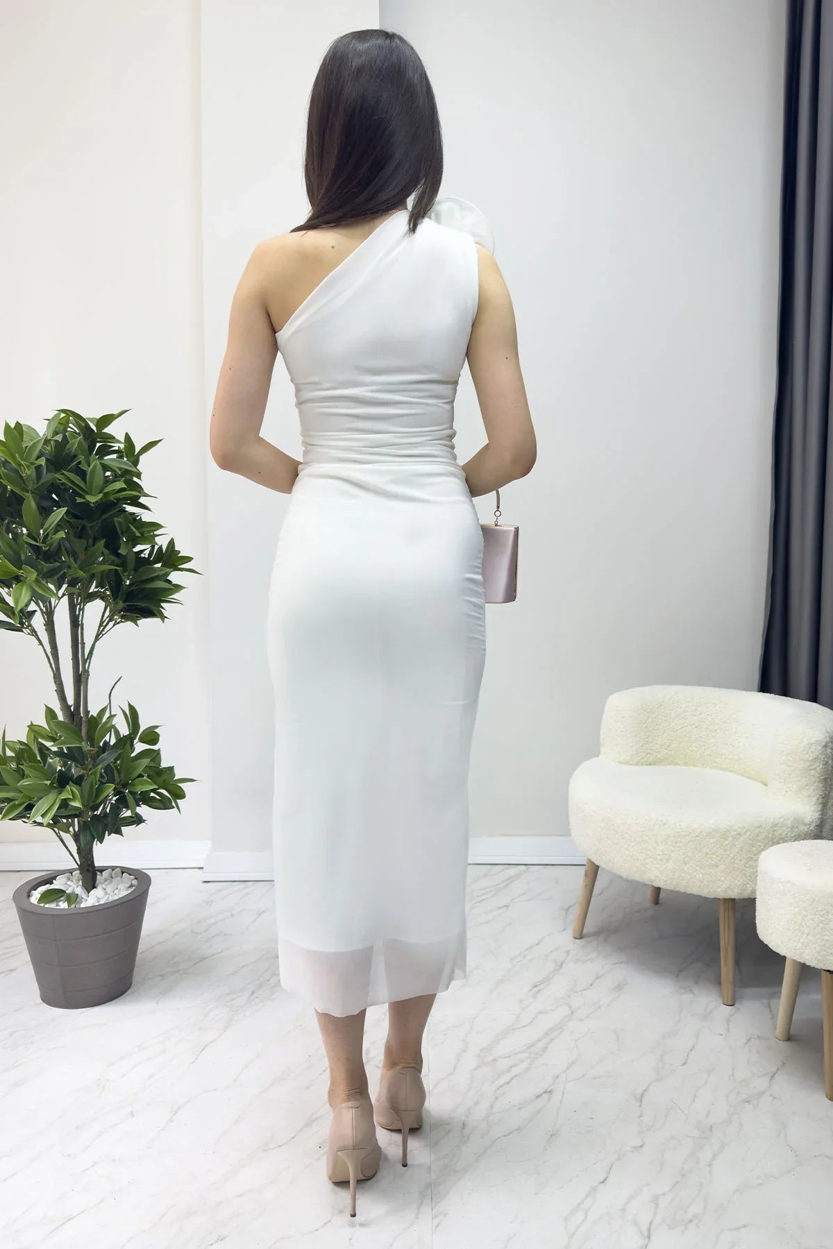 Women's White Tek Omuz Çiçek Detail Tulle Pencil Dress