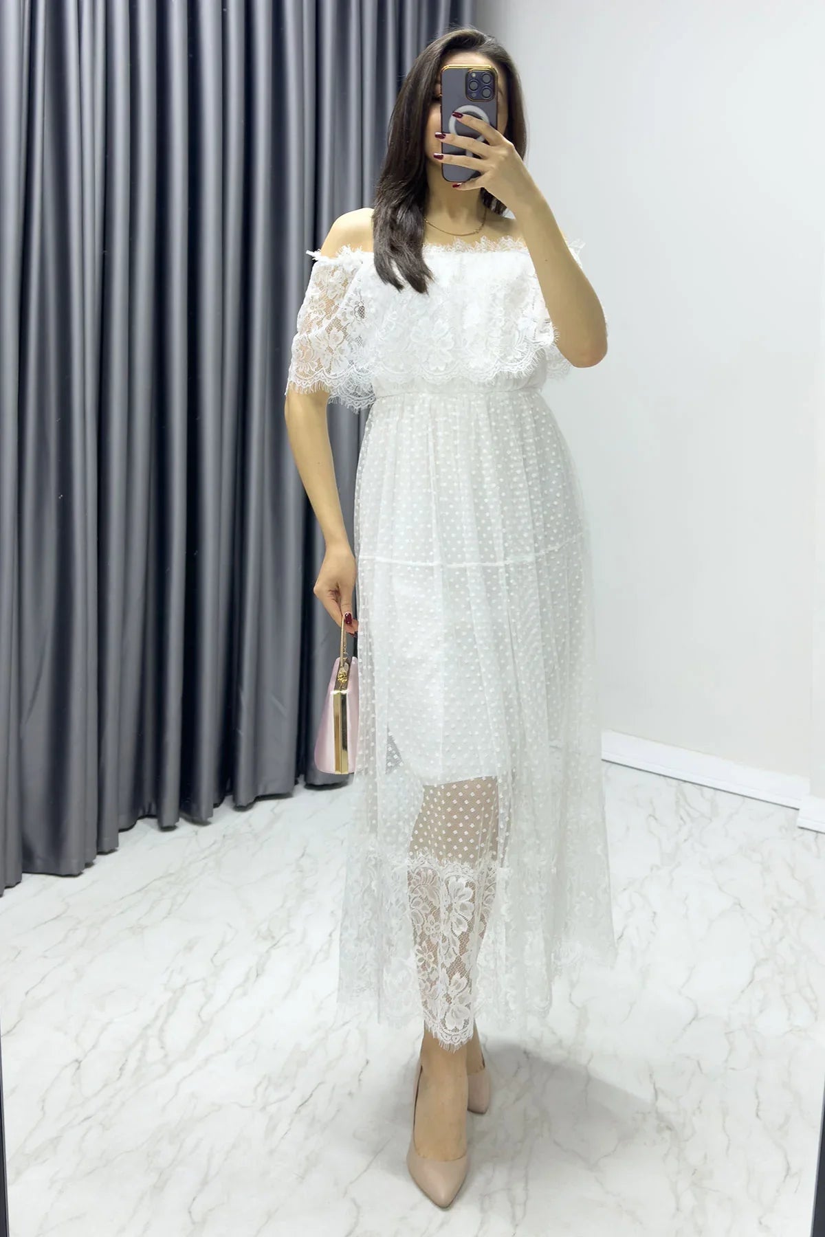 Women's White Güpür Detail Carmen Neck Madonna Plus Size Dress