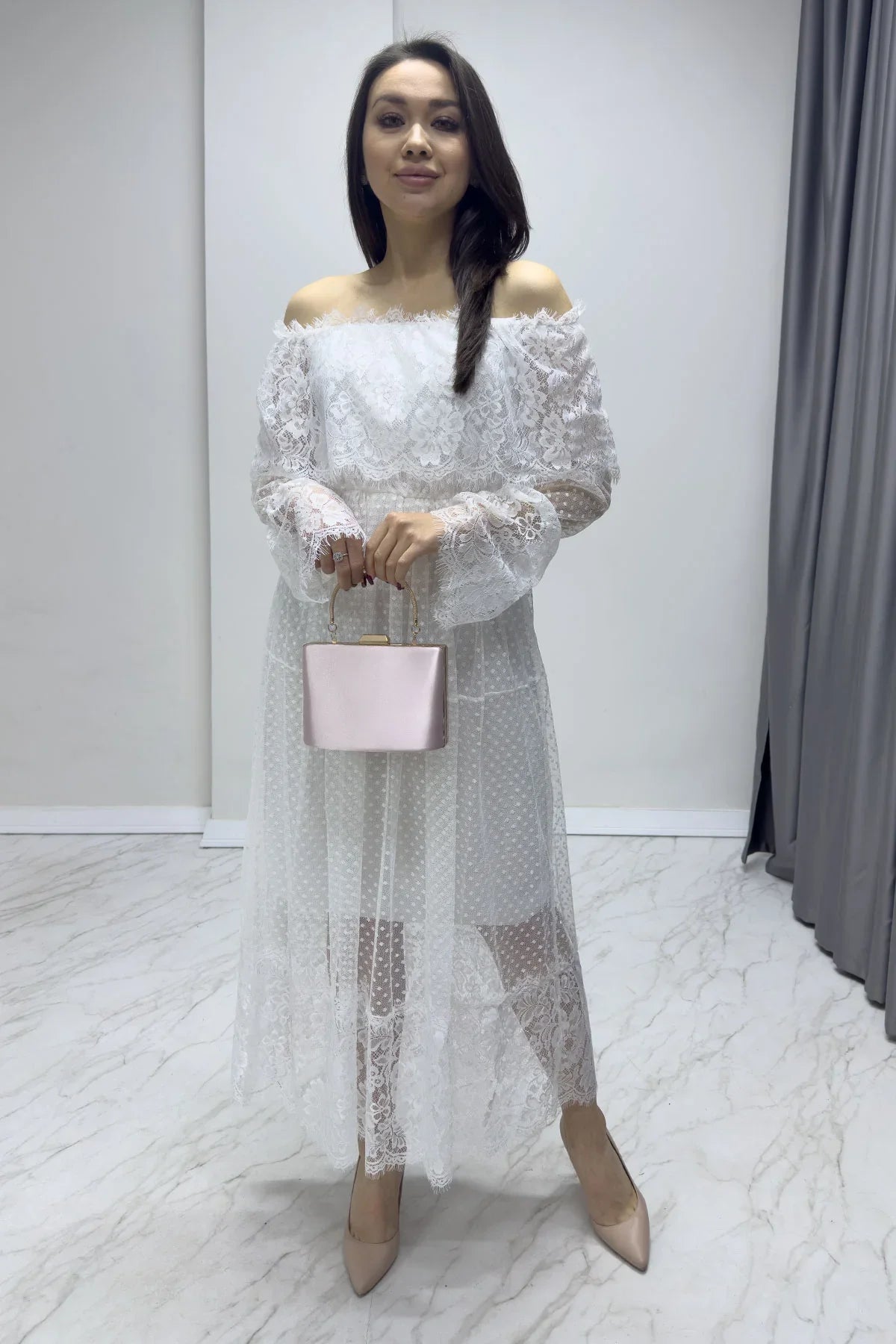 Women's White Long Sleeve Tulle Carmen Madonna Collar Güpür Plus Size Dress