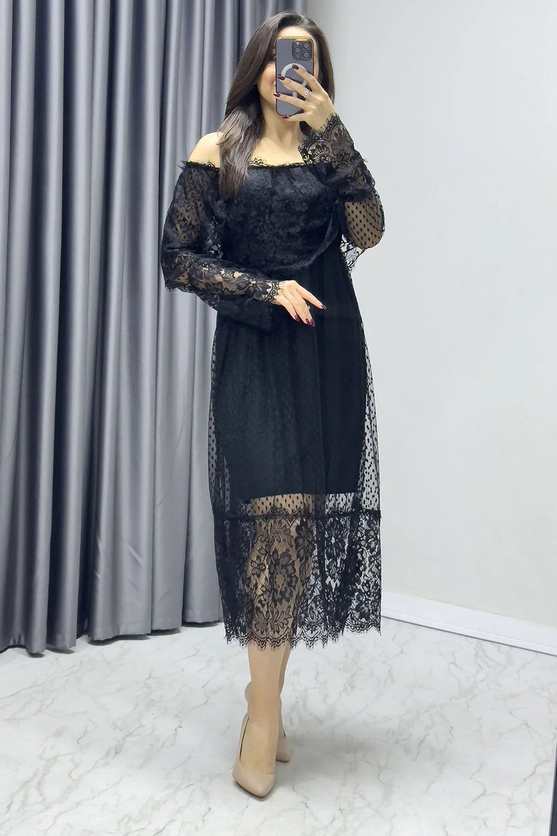 Women's Black Long Sleeve Tulle Carmen Madonna Collar Güpür Plus Size Dress