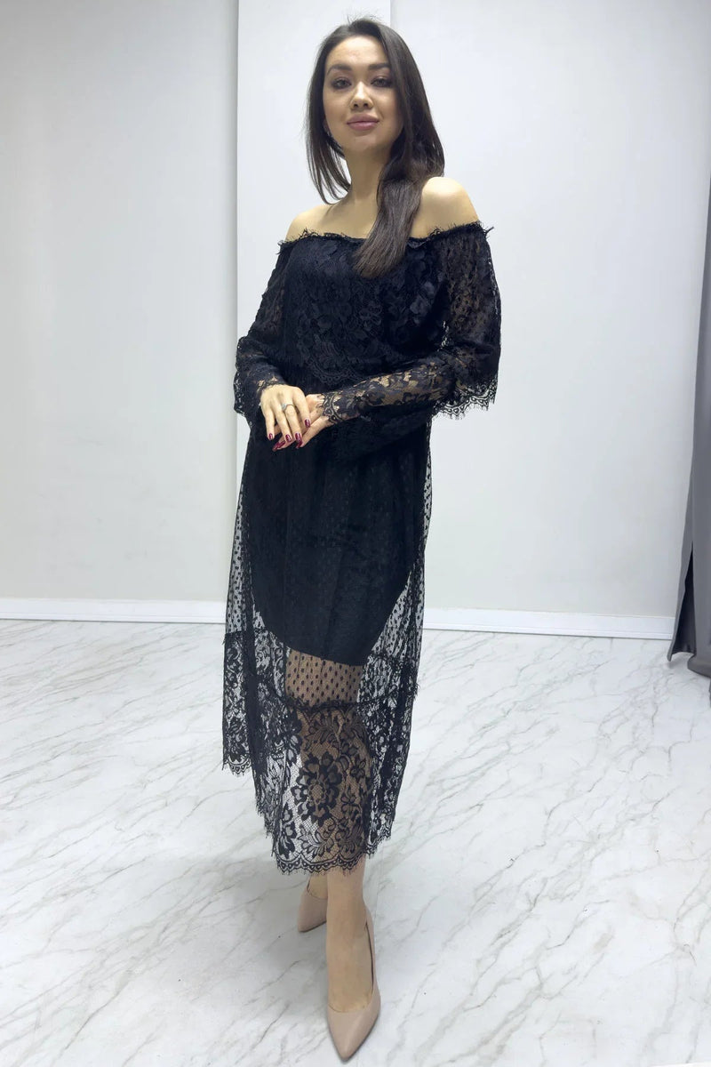 Women's Black Long Sleeve Tulle Carmen Madonna Collar Güpür Plus Size Dress