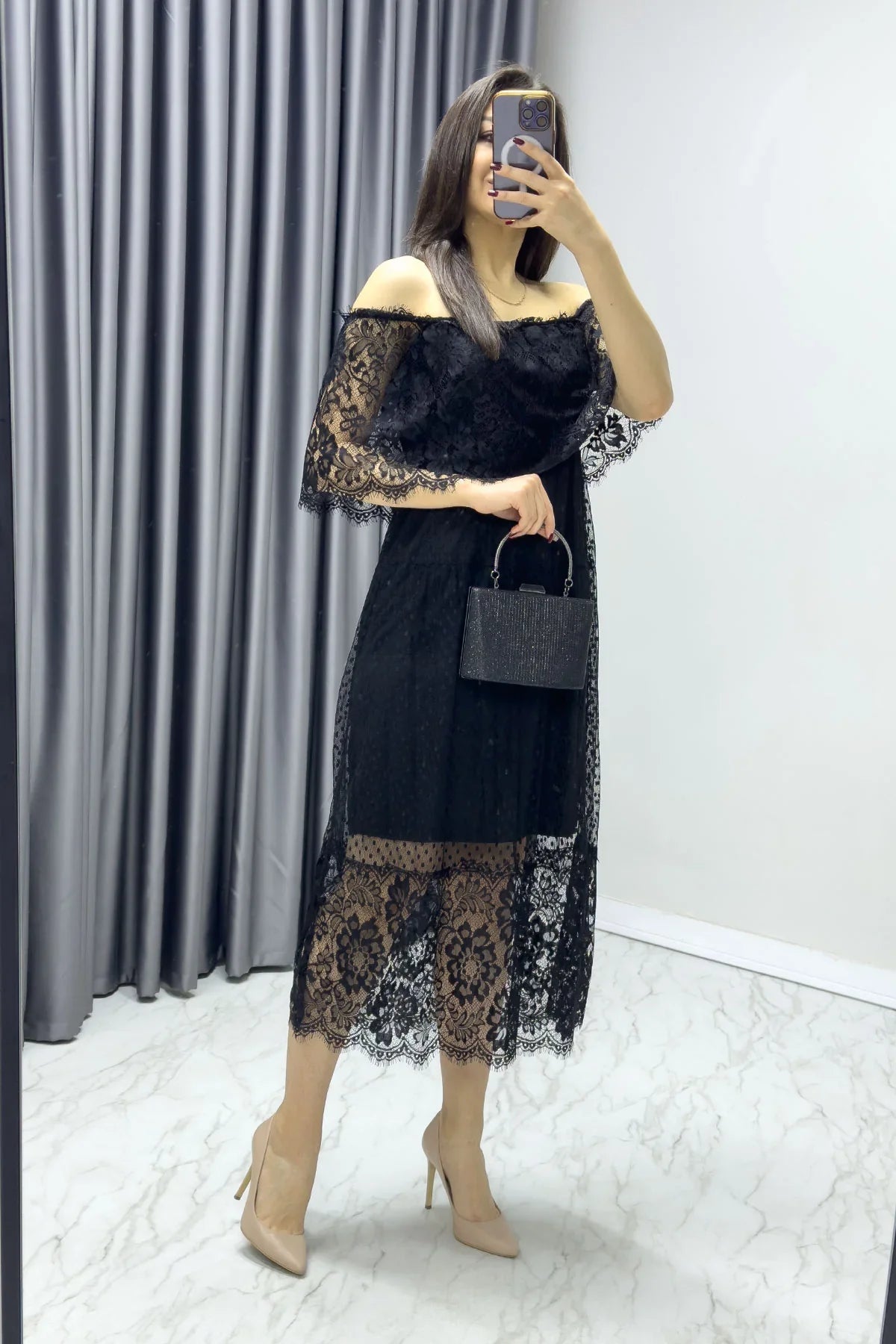 Women's Black Güpür Detail Carmen Neck Madonna Plus Size Dress