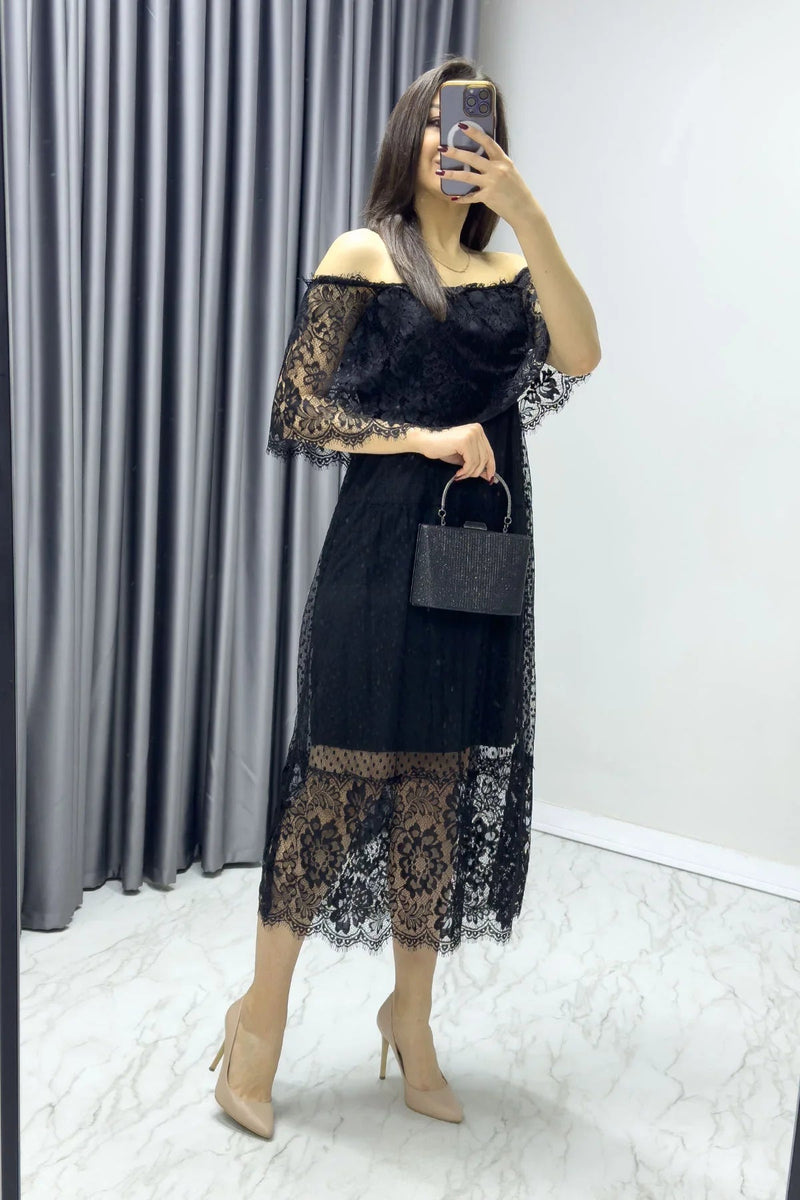 Women's Black Güpür Detail Carmen Neck Madonna Plus Size Dress