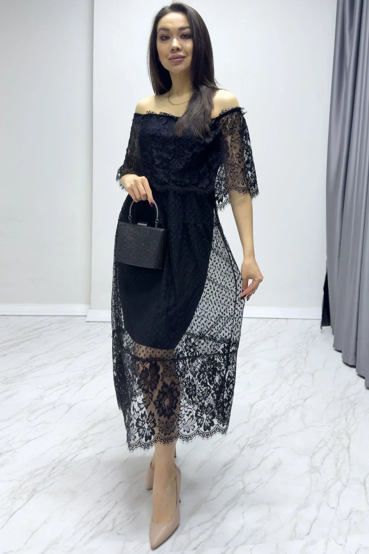 Women's Black Güpür Detail Carmen Neck Madonna Plus Size Dress