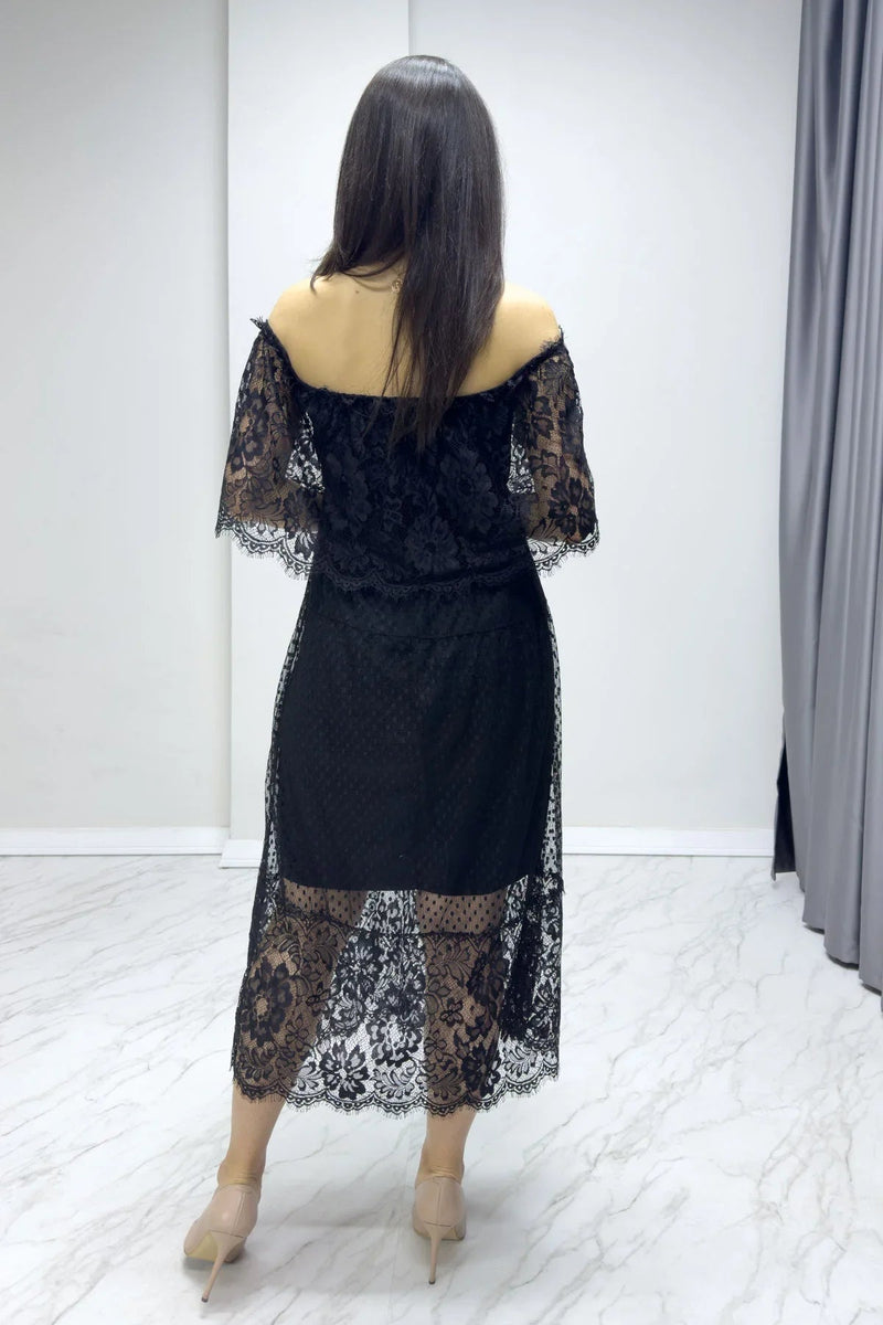 Women's Black Güpür Detail Carmen Neck Madonna Plus Size Dress