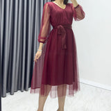 Burgundy V-Neck Tulle Flared Plus Size Dress