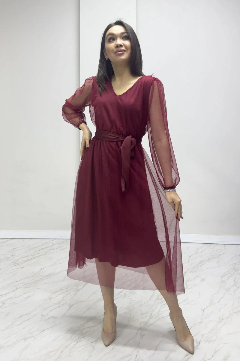 Women's Burgundy V-Neck Tulle Flared Plus Size Dress