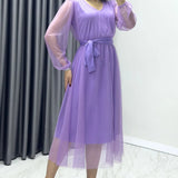 Lilac V-Neck Tulle Flared Plus Size Dress