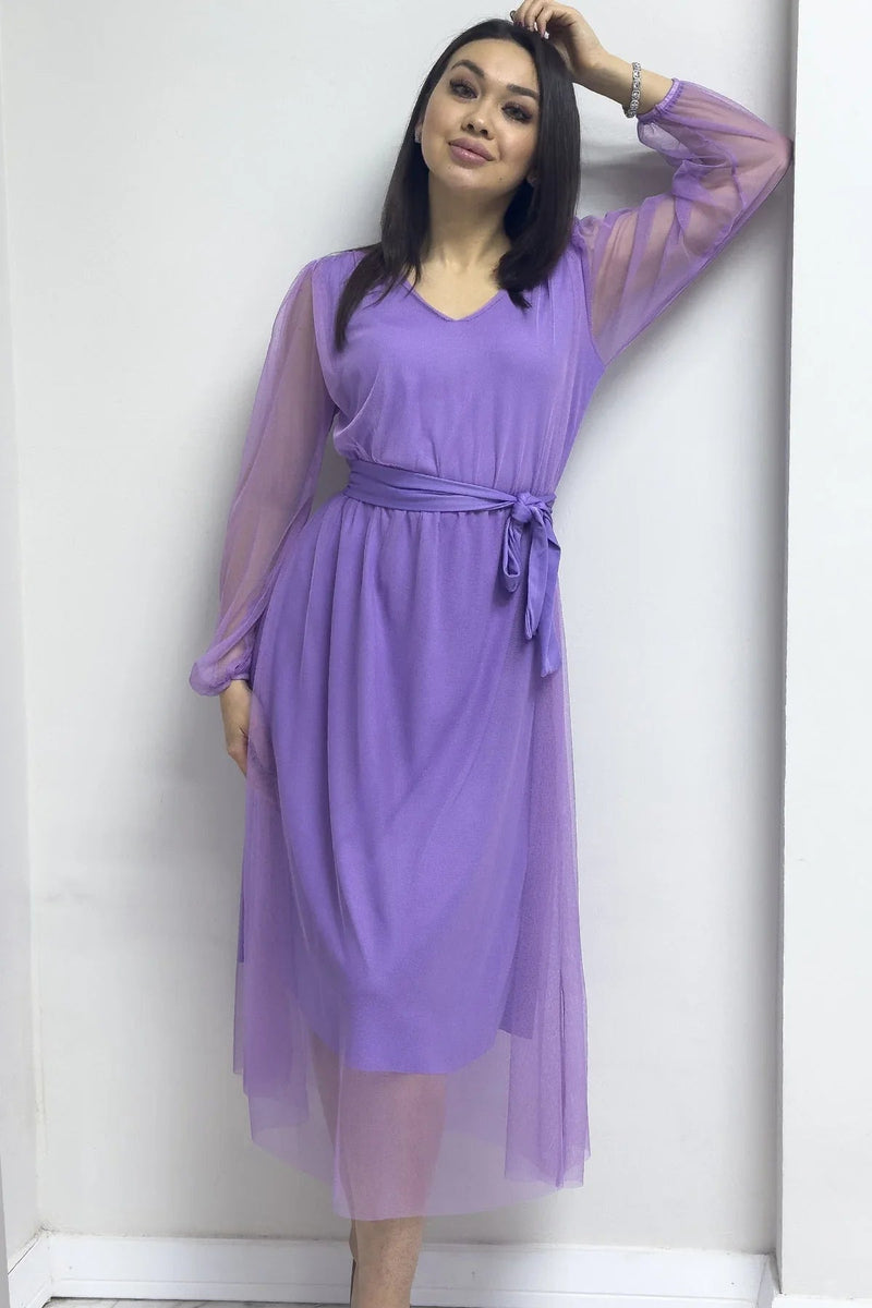Women's Lilac V-Neck Tulle Flared Plus Size Dress