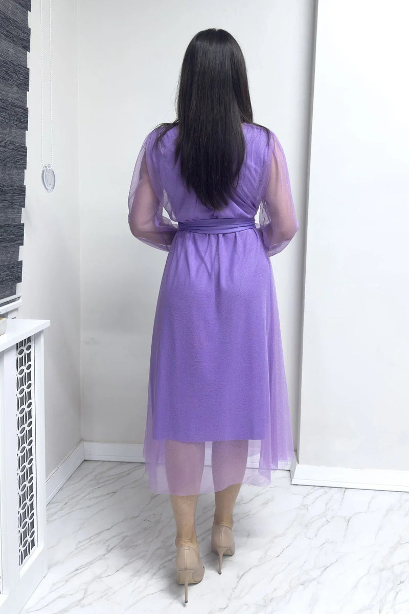 Women's Lilac V-Neck Tulle Flared Plus Size Dress