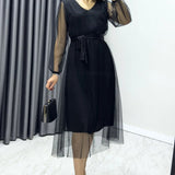 Black V-Neck Tulle Flared Plus Size Dress