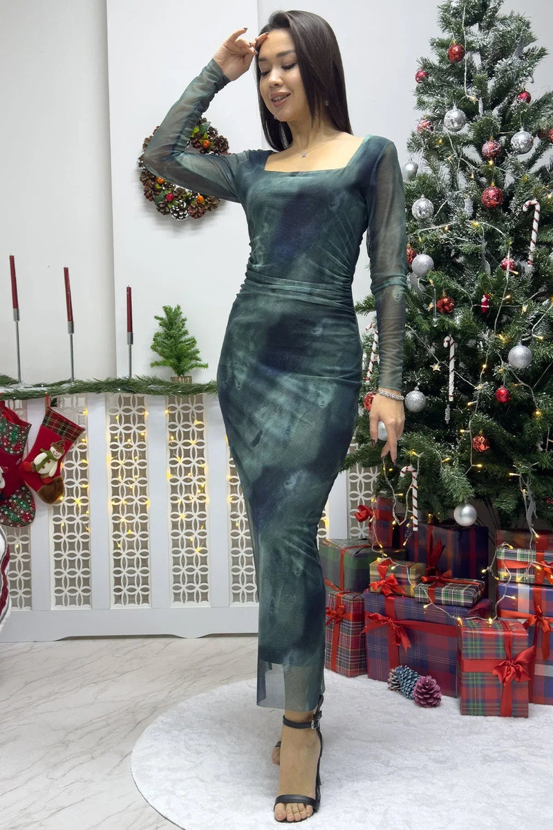 Women's Turquoise Square Neck Stretch Tie-Dye Tulle Dress - the ZKS