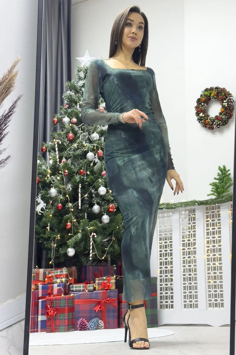 Women's Turquoise Square Neck Stretch Tie-Dye Tulle Dress - the ZKS