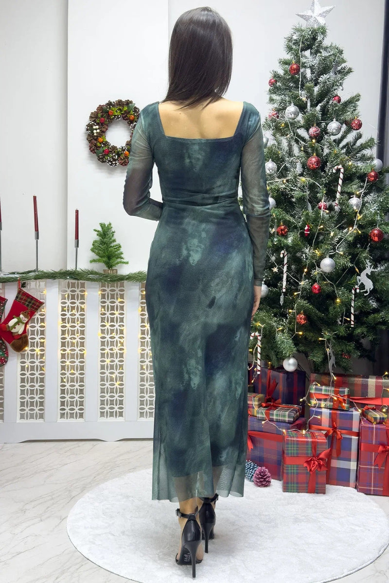 Women's Turquoise Square Neck Stretch Tie-Dye Tulle Dress - the ZKS