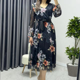 Black Floral Pattern Midi Dress
