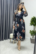 Black Floral Pattern Midi Dress