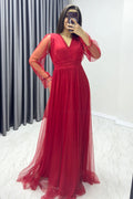 Red V-Neck Tulle Evening Dress