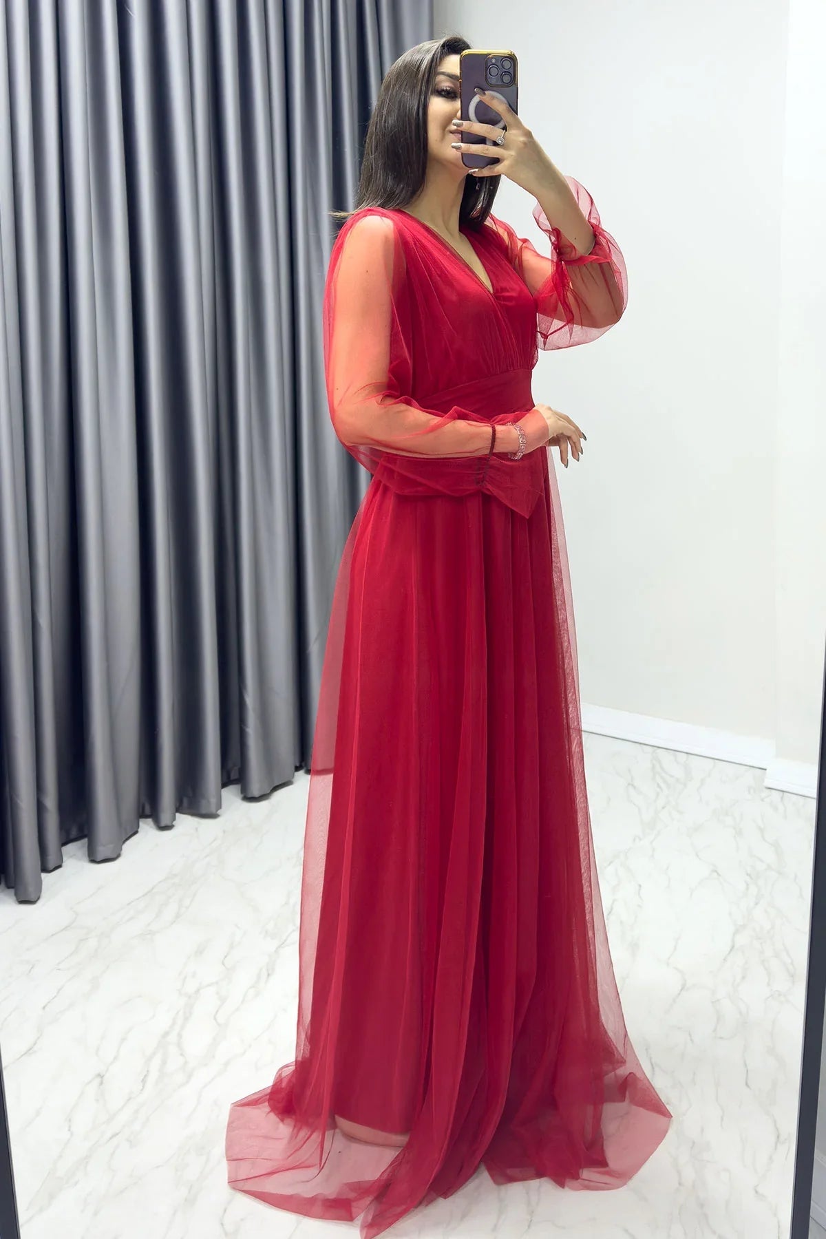 Women's Red V-Neck Tulle Evening Gown