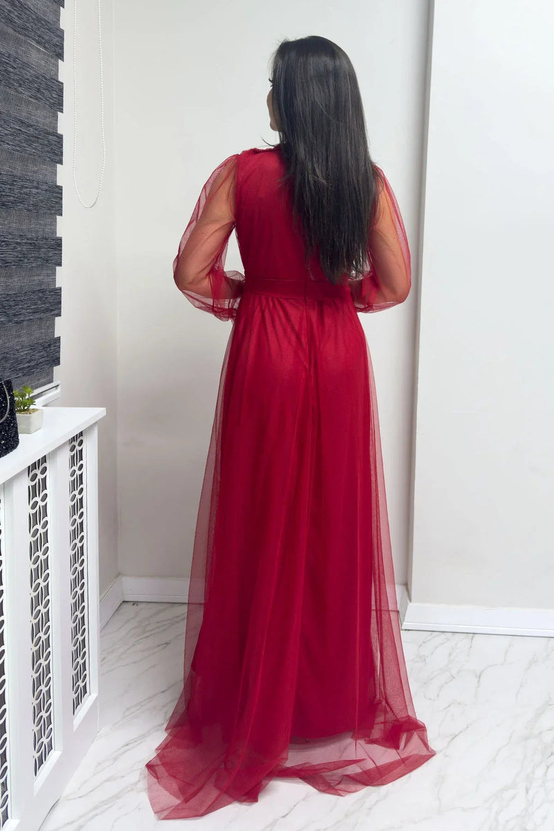 Women's Red V-Neck Tulle Evening Gown