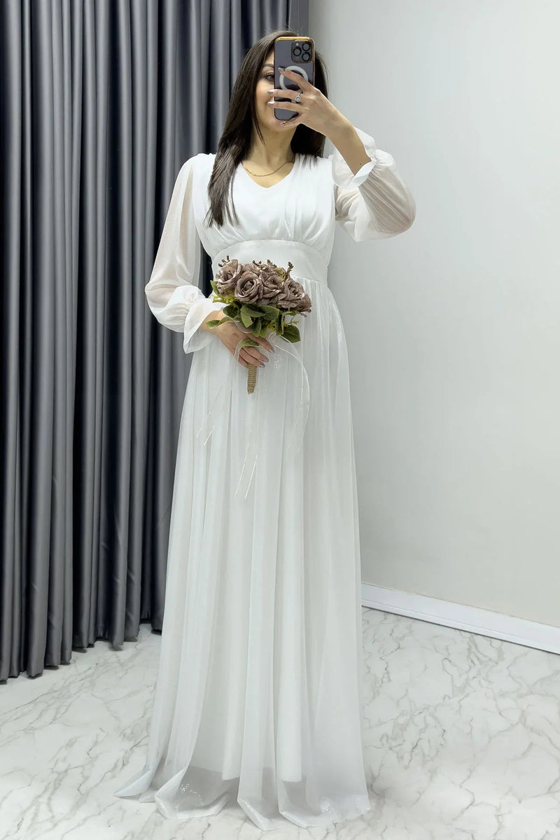 Women's Glitter White V-Neck Tulle Evening Gown