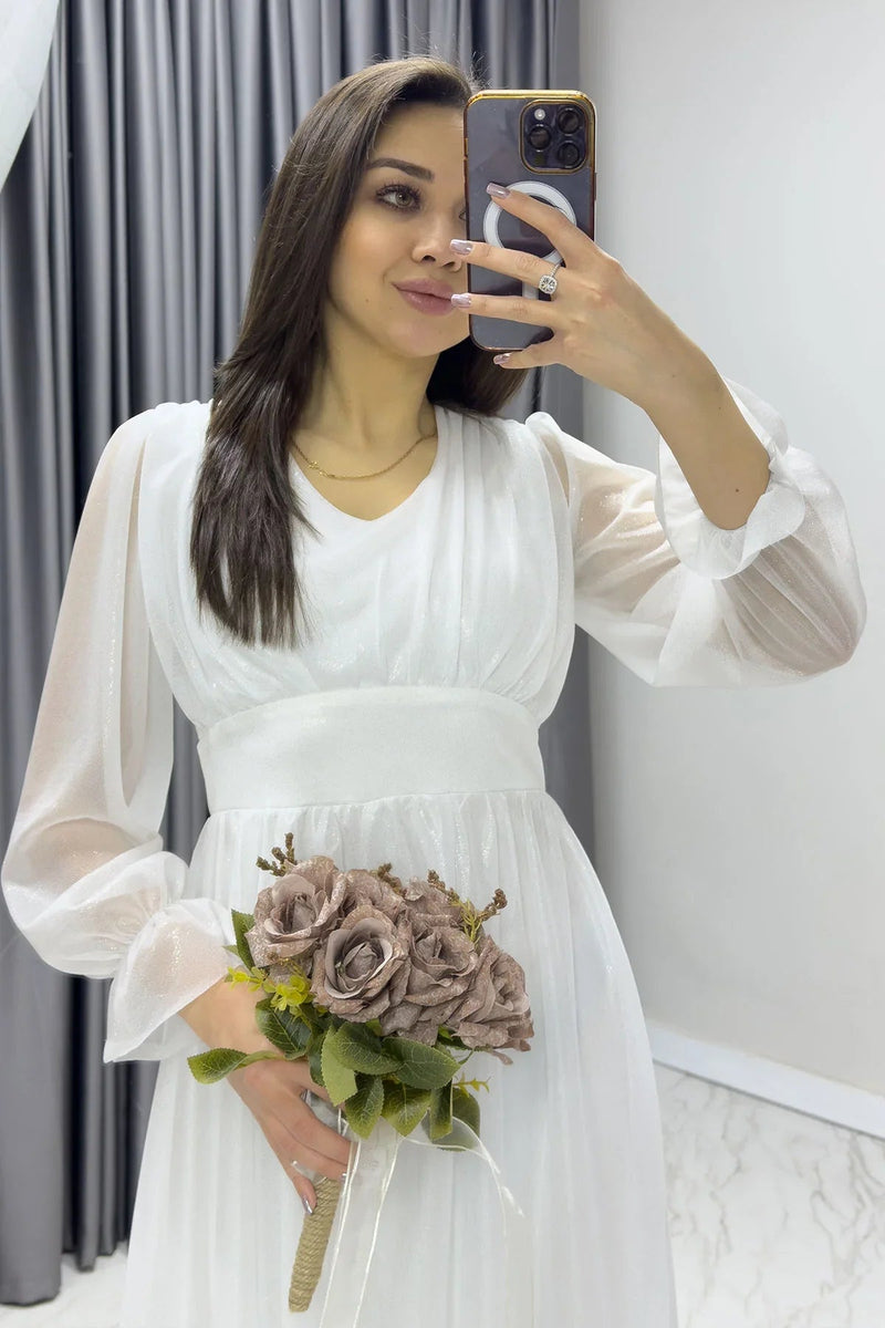 Women's Glitter White V-Neck Tulle Evening Gown