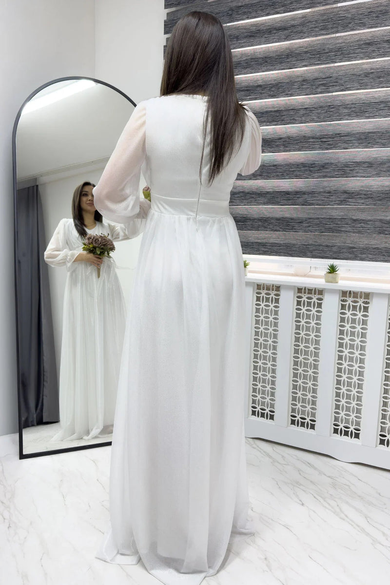 Women's Glitter White V-Neck Tulle Evening Gown