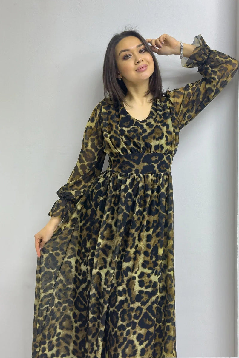 Women's Leopar V-Neck Tulle Evening Gown