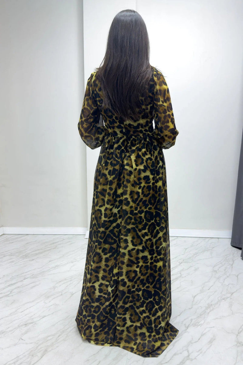 Women's Leopar V-Neck Tulle Evening Gown