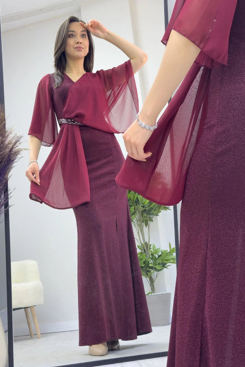 Women's Burgundy Crystal Embellished Volan Sleeve Glitter Evening Gown