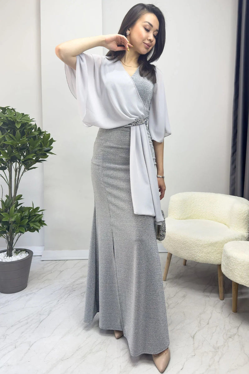 Women's Gray Crystal Embellished Volan Sleeve Glitter Evening Gown