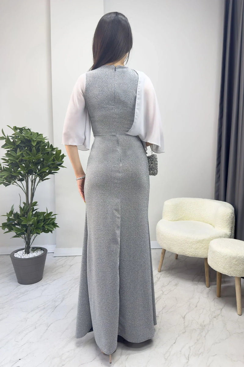 Women's Gray Crystal Embellished Volan Sleeve Glitter Evening Gown