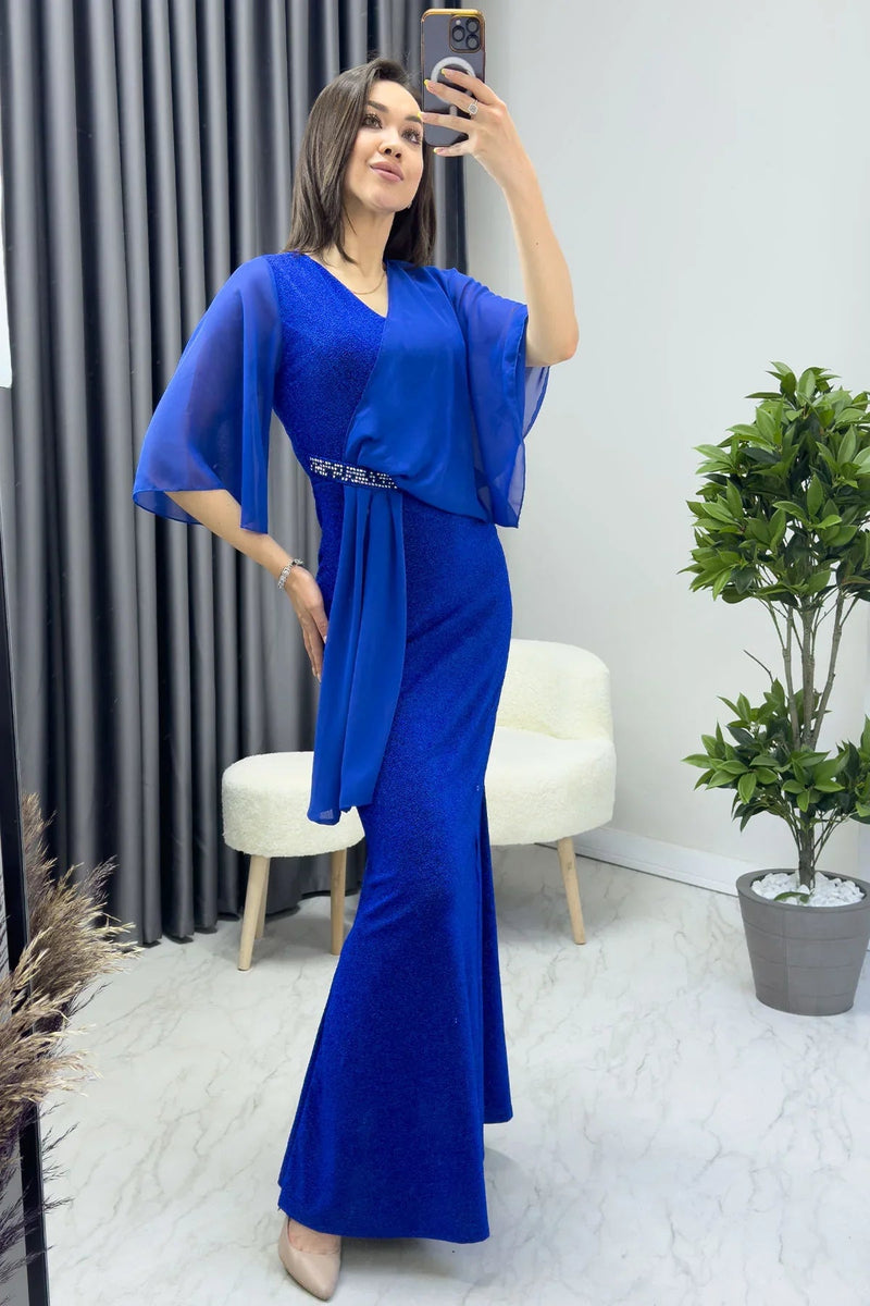 Women's Saxe Crystal Embellished Volan Sleeve Glitter Evening Gown