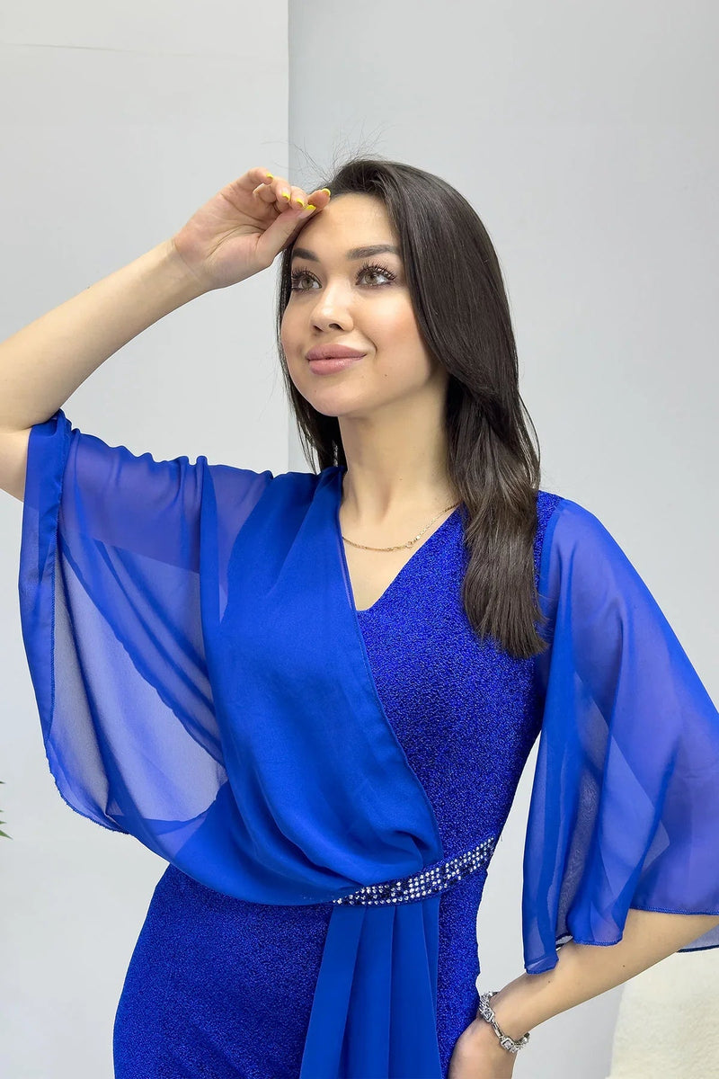 Women's Saxe Crystal Embellished Volan Sleeve Glitter Evening Gown