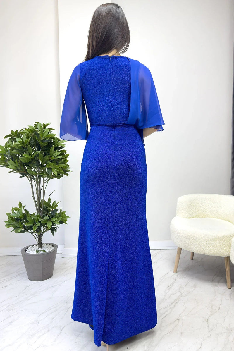 Women's Saxe Crystal Embellished Volan Sleeve Glitter Evening Gown