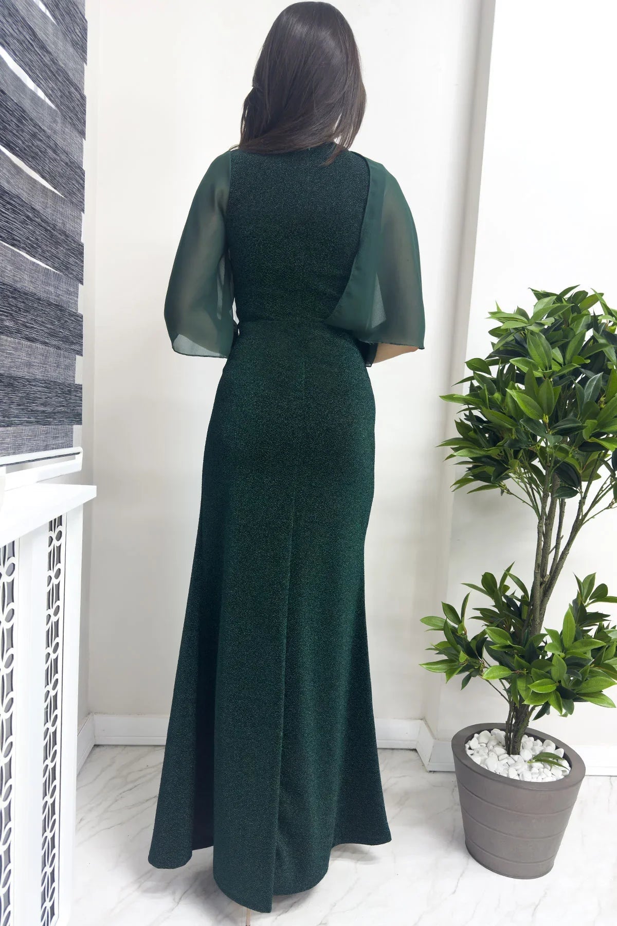 Women's Emerald Green Crystal Embellished Volan Sleeve Glitter Evening Gown