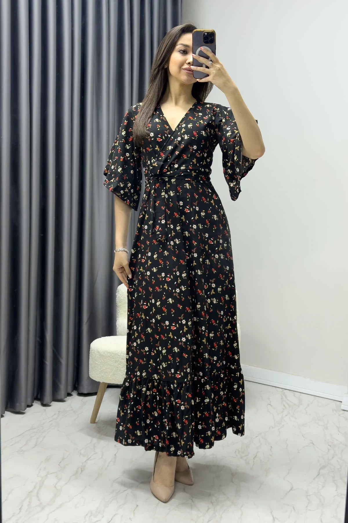 Women's Black Crepe Mini Çiçek Desen Valonlu Dress