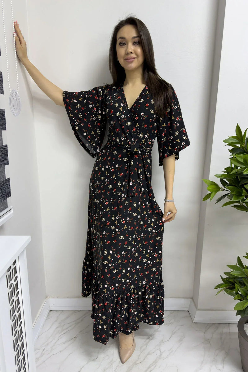 Women's Black Crepe Mini Çiçek Desen Valonlu Dress