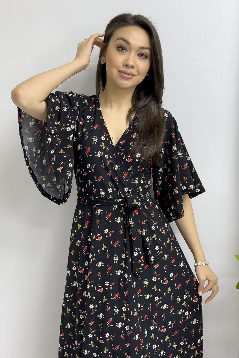 Women's Black Crepe Mini Çiçek Desen Valonlu Dress