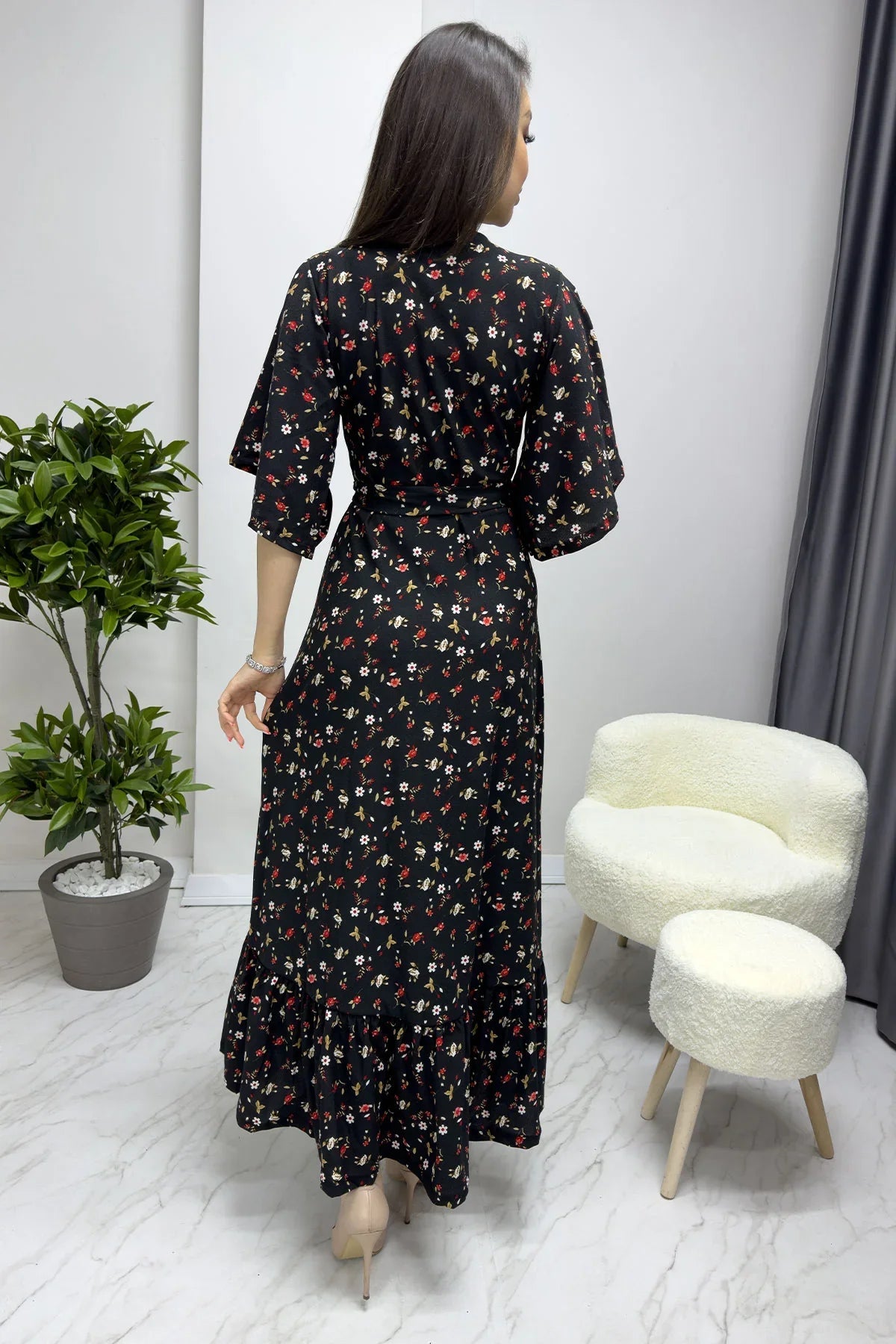 Women's Black Crepe Mini Çiçek Desen Valonlu Dress