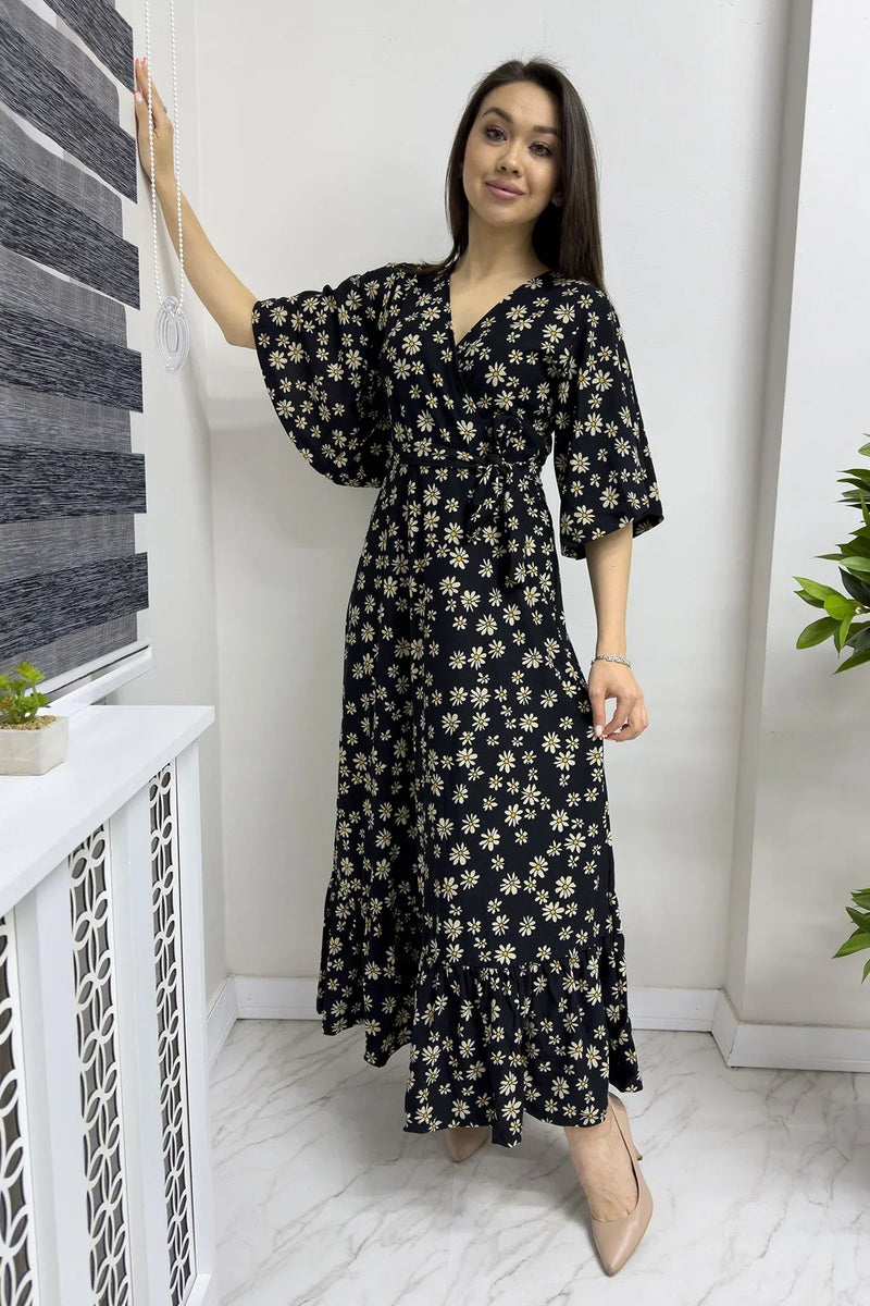 Women's Black Crepe Papatya Desen Valonlu Dress