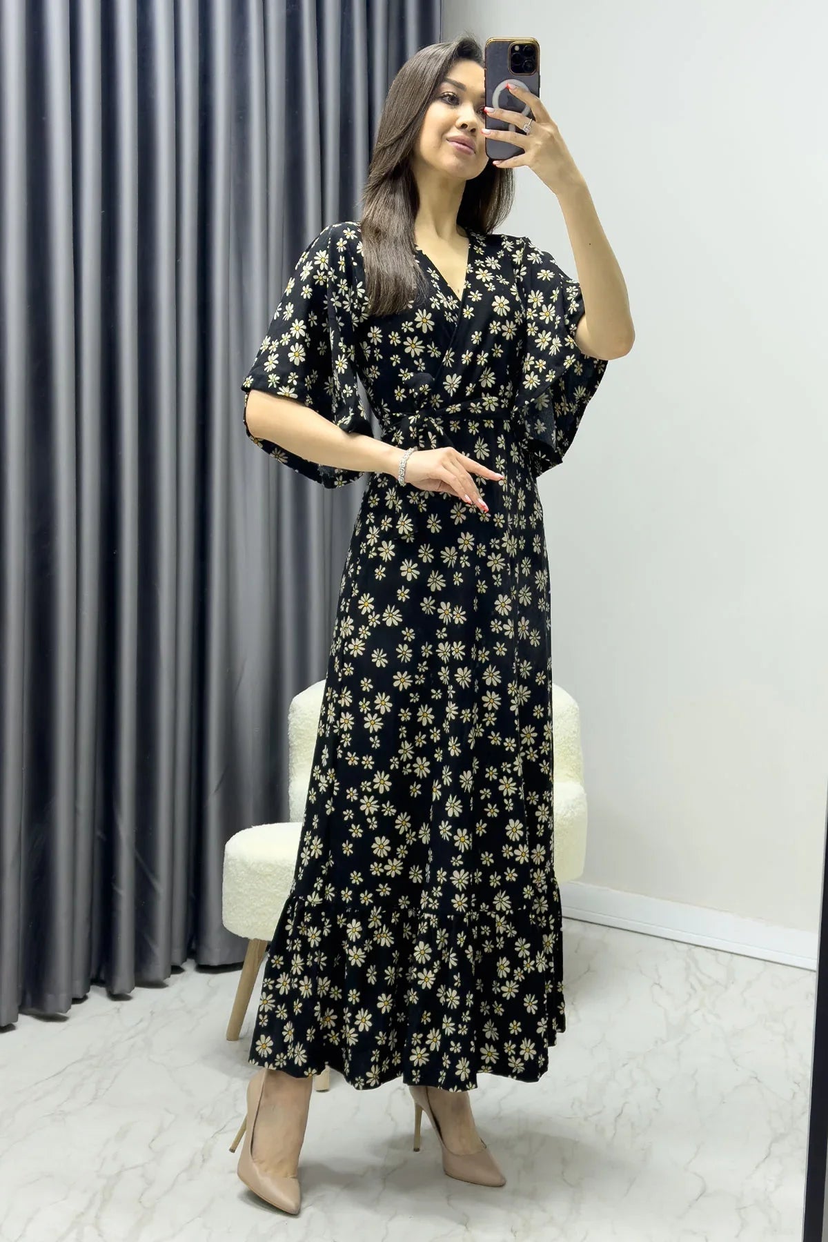 Women's Black Crepe Papatya Desen Valonlu Dress