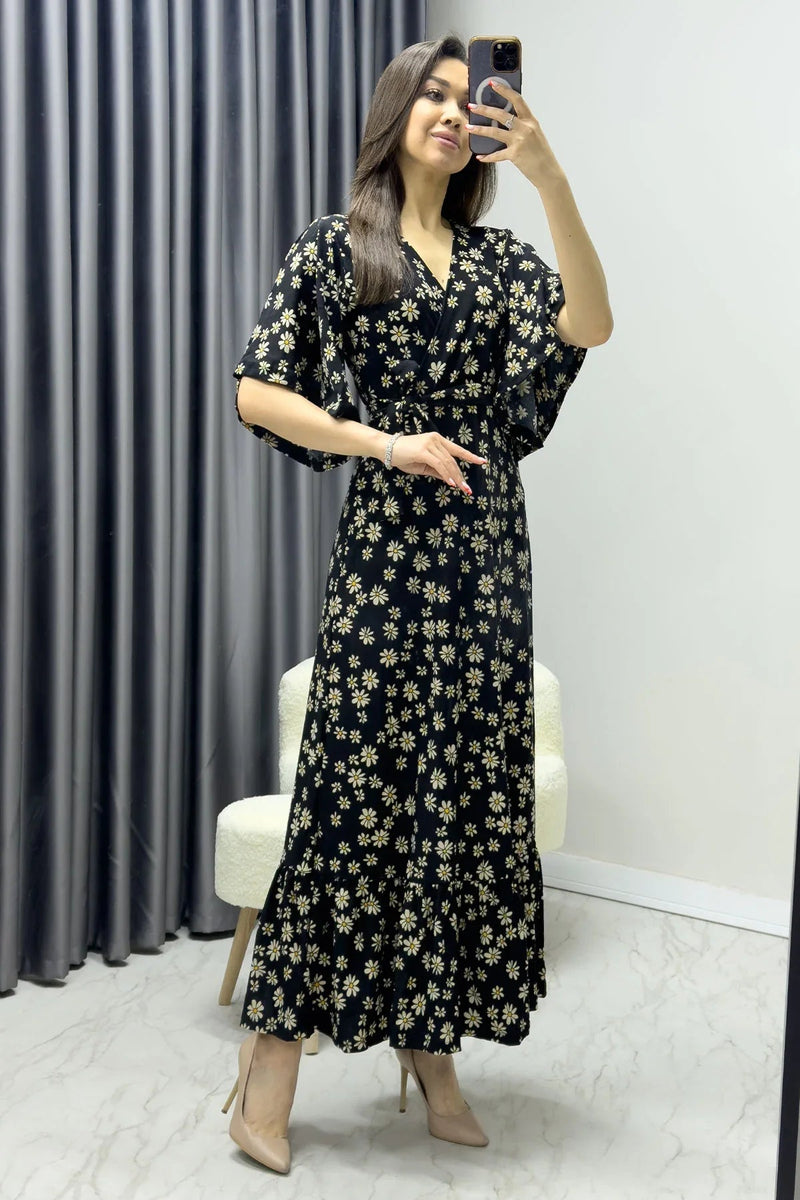 Women's Black Crepe Papatya Desen Valonlu Dress