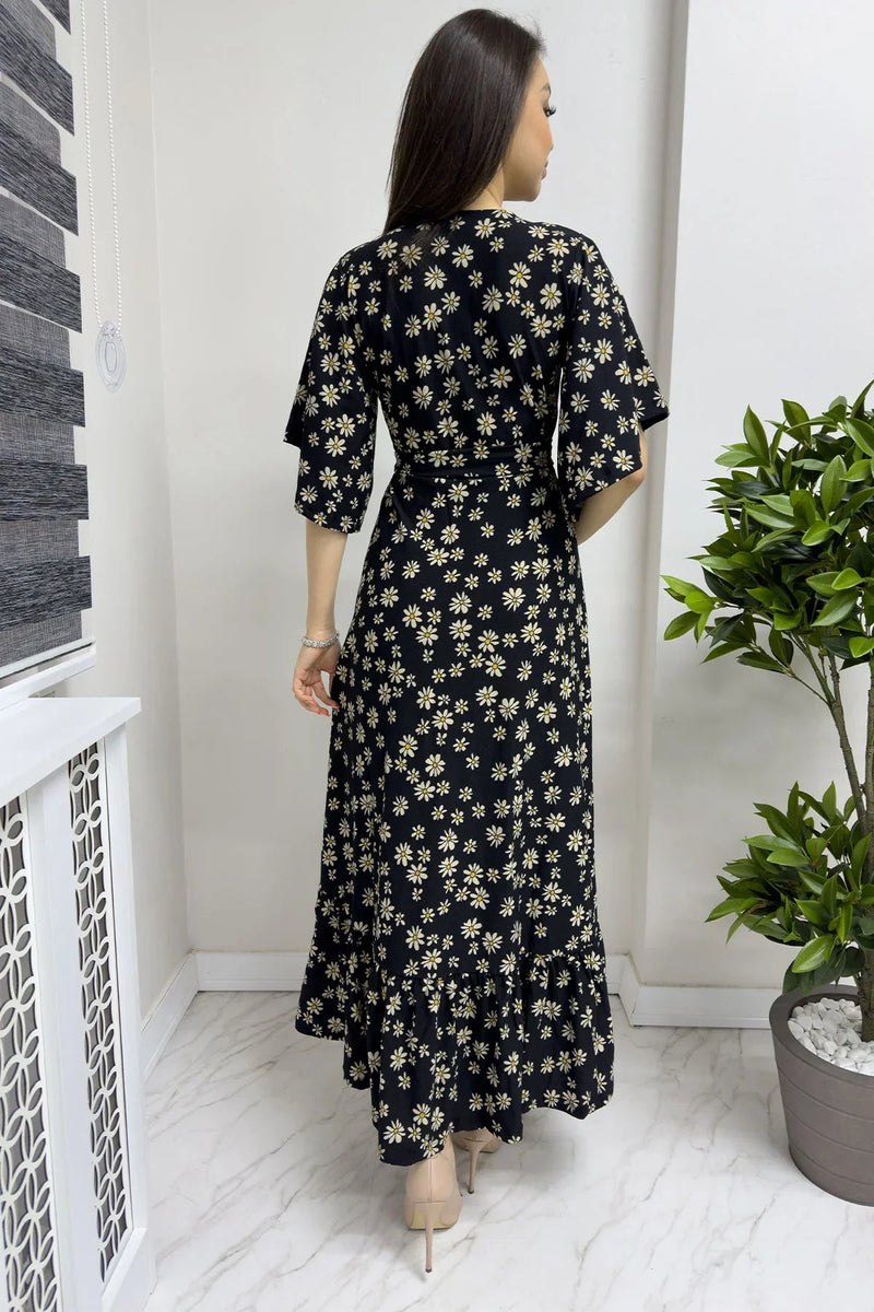 Women's Black Crepe Papatya Desen Valonlu Dress