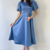 Indigo Midi Short Sleeve Satin Evening Dress