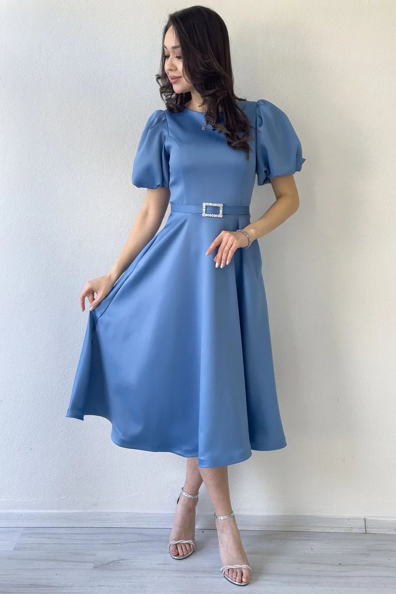 Women's Indigo Balloon Sleeve Taş Belted Midi Satin Evening Gown