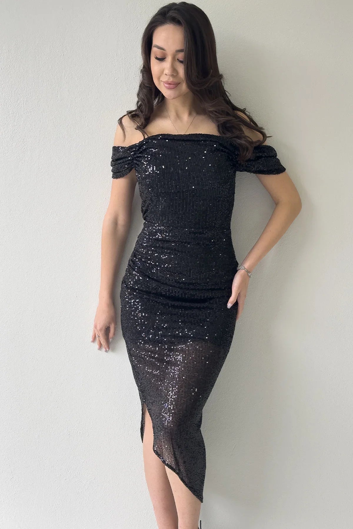 Women's Black Asymmetric Skirt Off-Shoulder Midi Sequin Evening Gown