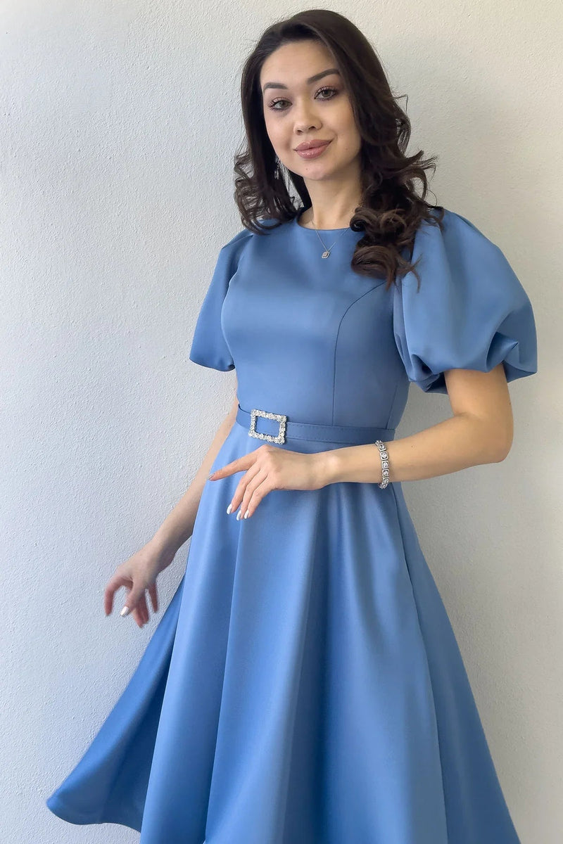 Women's Indigo Balloon Sleeve Taş Belted Midi Satin Evening Gown