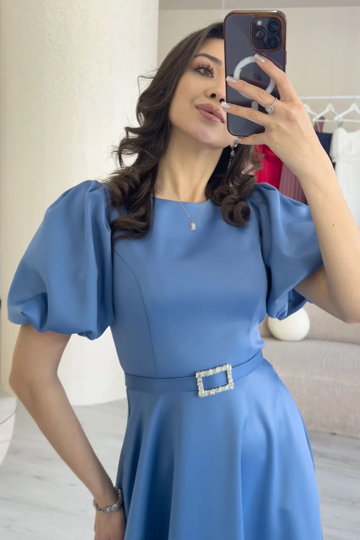 Women's Indigo Balloon Sleeve Taş Belted Midi Satin Evening Gown