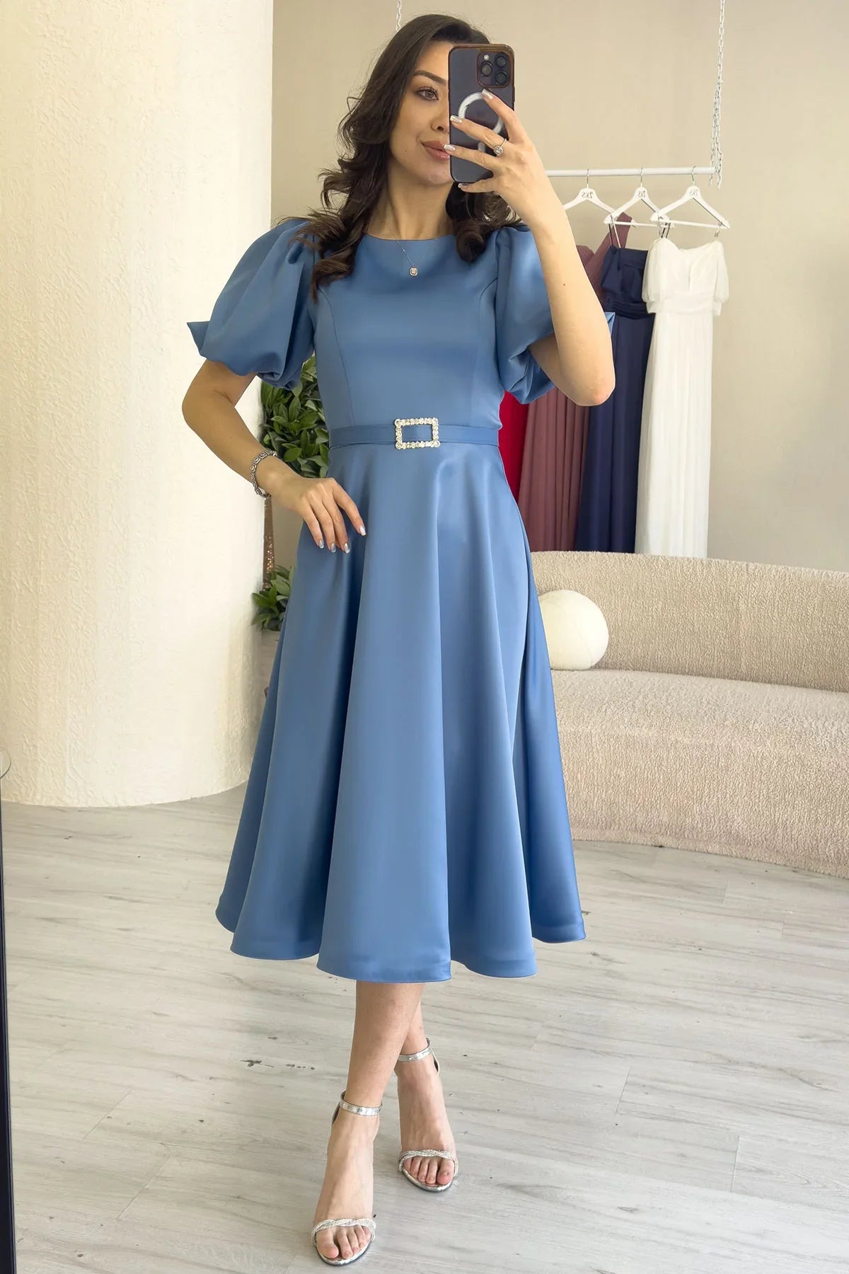 Women's Indigo Balloon Sleeve Taş Belted Midi Satin Evening Gown